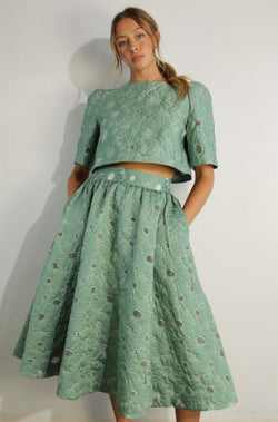 mint crop top and skirt set, top and skirt set, tea length skirt and crop top, green crop top and skirt set, zimmermann dress