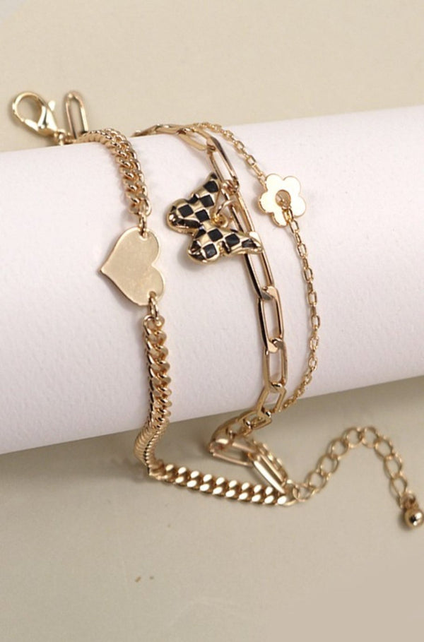 gold checkered bracelet set, gold checkered heart charm bracelet set