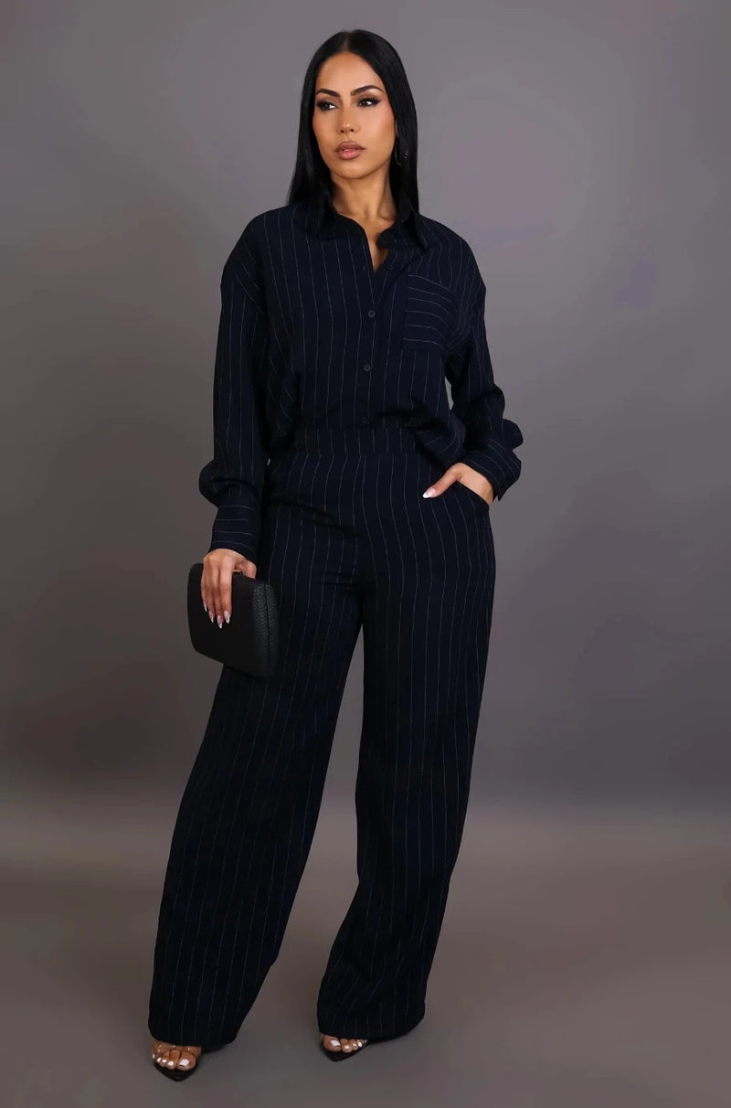 Navy blue striped pants and shirt set, women’s navy pants set, navy button down shirt, two piece set