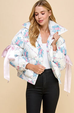 floral puffer jacket, white puffer coat, floral puffer coat, coat, white coat