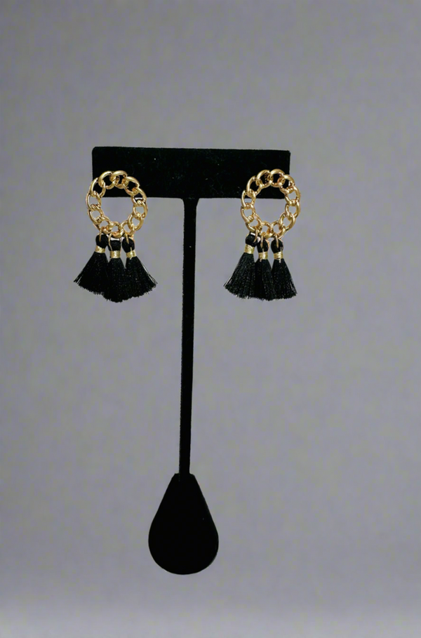 gold and black tassel earring, women's gold earrings