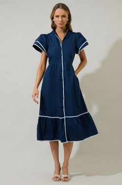 Navy Blue Midi dress, women's resort dresses, blue and white dress, summer outfit