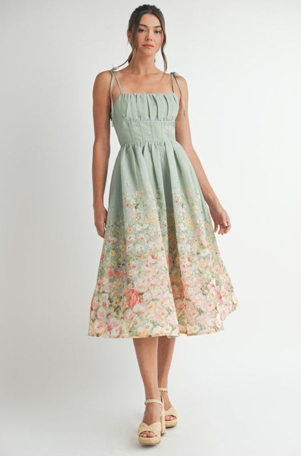 Sage floral midi dress, women's wedding guest dress, women's resort dresses