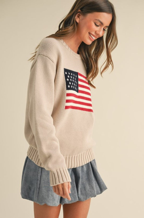 Cream American flag crewneck sweater, beige American flag sweater, cotton sweater, American flag sweater