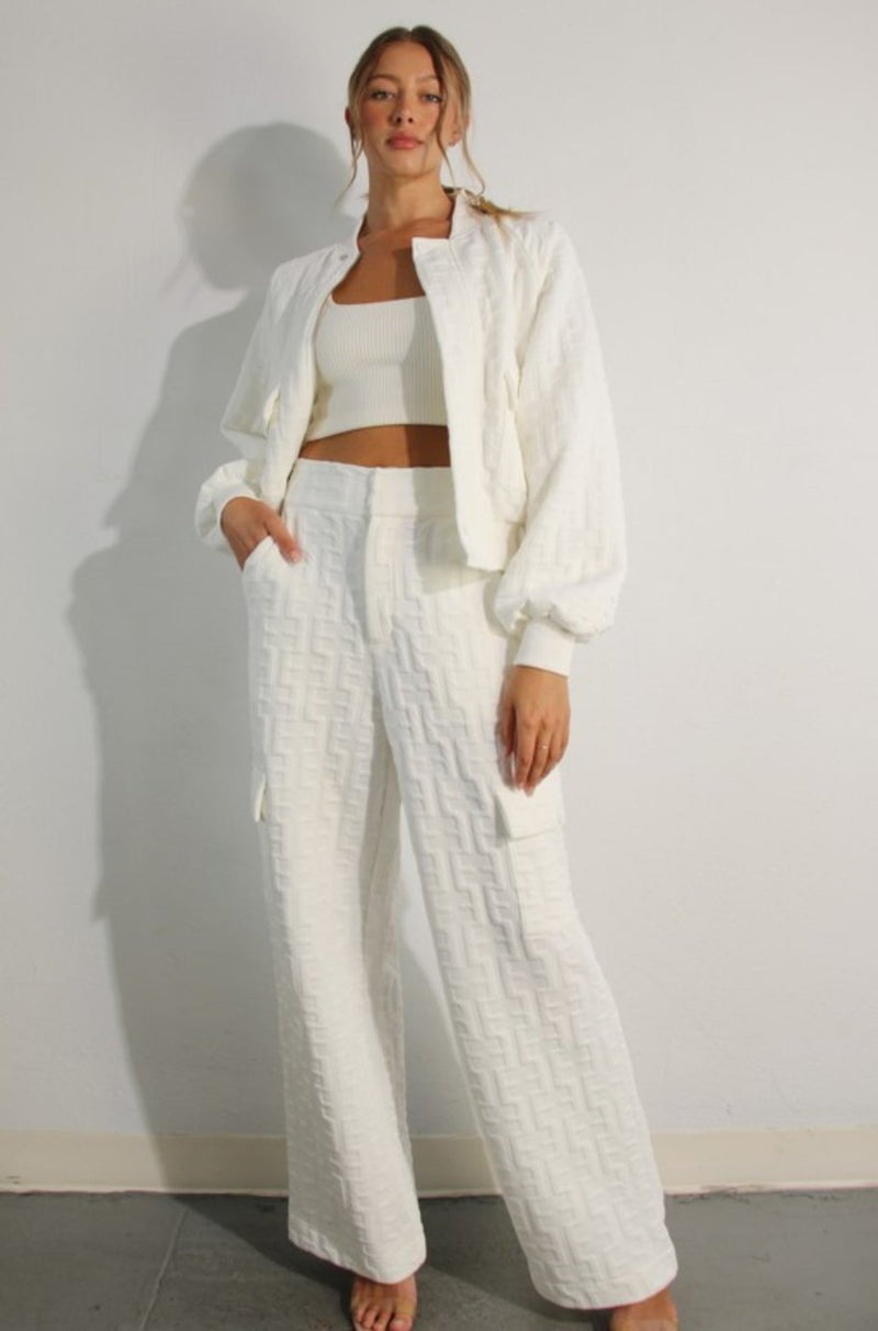 White embossed jacket and pant set, jacket and pant set, bomber jacket and pant set, 