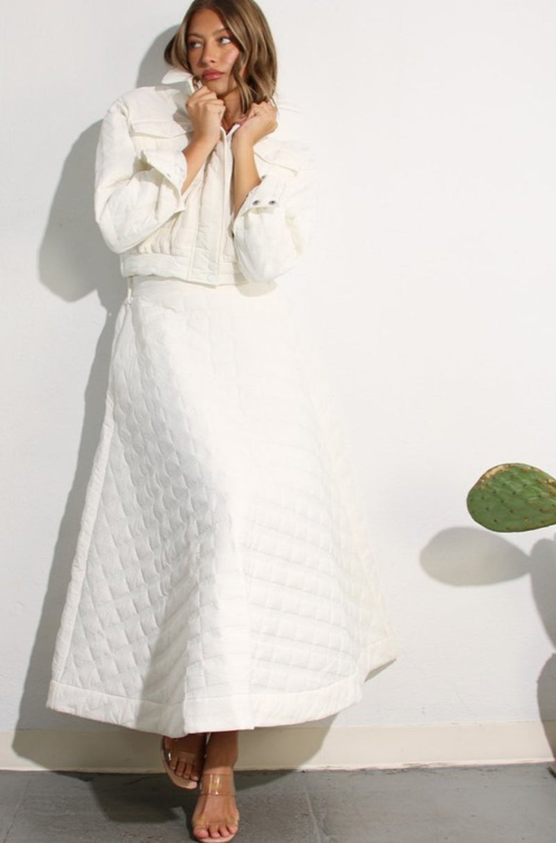 White quilted Jacket and skirt set, quilted jacket, quilted skirt, white skirt set, padded jacket and skirt set