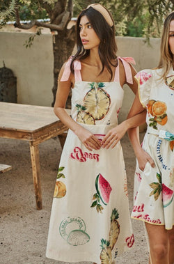 Fruit print dress, ivory midi dress, women's resort dresses, white summer dress