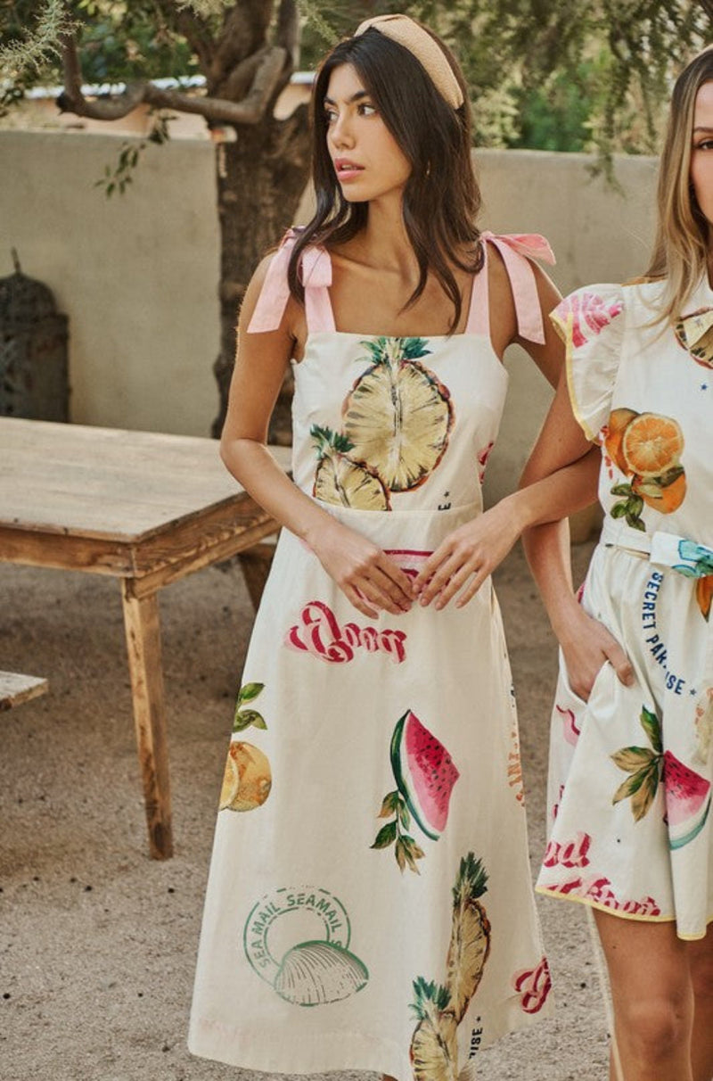 Fruit print dress, ivory midi dress, women's resort dresses, white summer dress