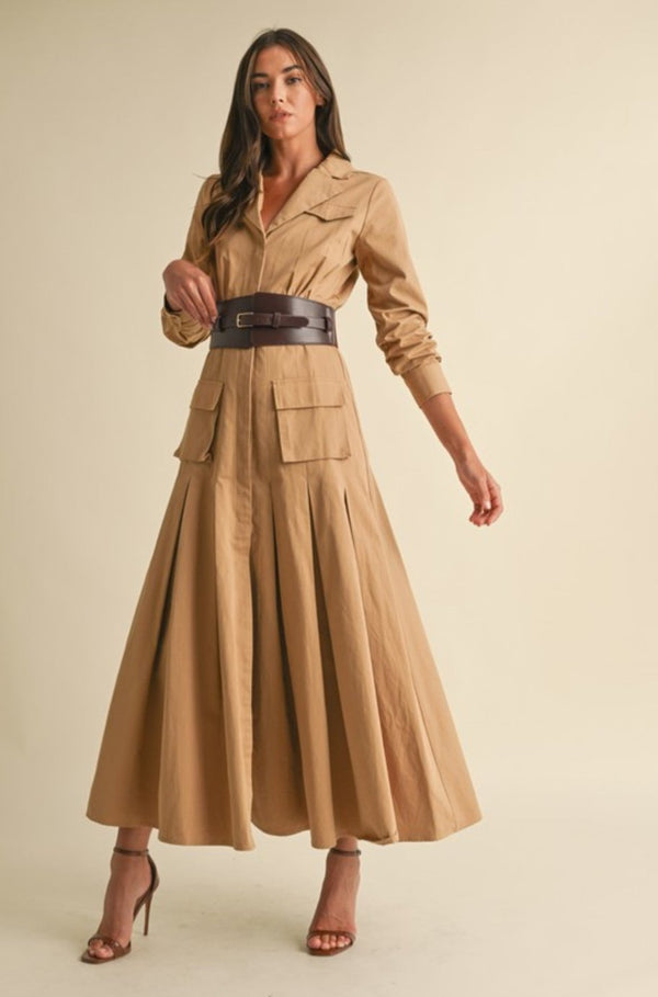 Button down dress, tan long dress, brown long dress, cargo dress