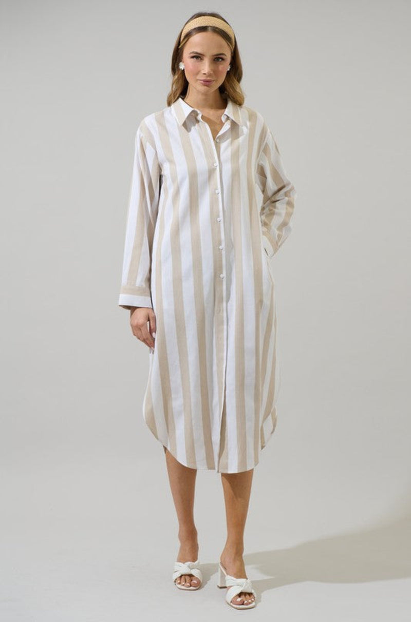 Beach cover up, Shirt dress, White and tan button down shirt, dresses