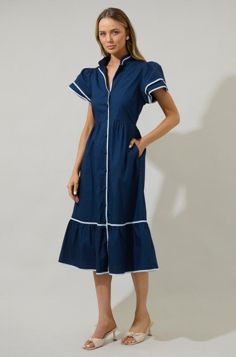 Lorraine Navy Button Down Midi Dress