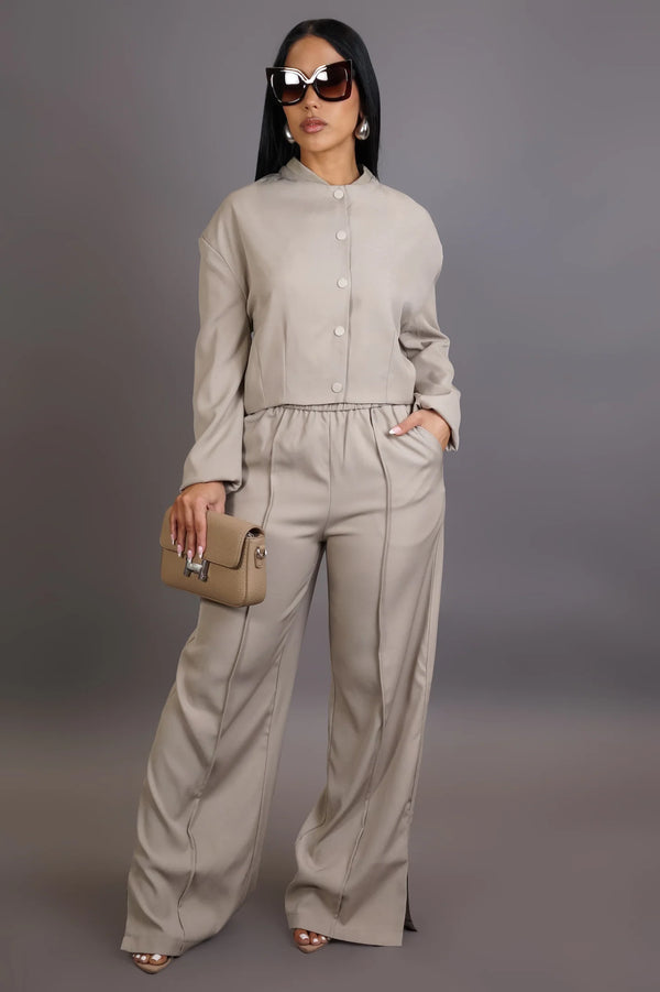 Women’s comfy and chic two piece set, beige  pant and jacket set, beige pant set, jacket set