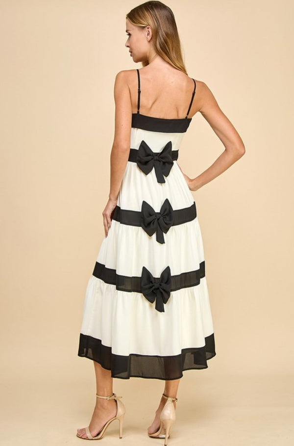 long black and cream maxi dress, black and cream bow tiered long dress, long black and white dress