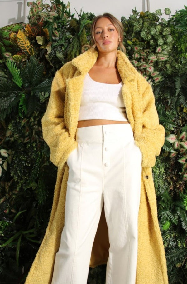 yellow long coat, canary coat, faux fur coat, yellow coat, teddy coat