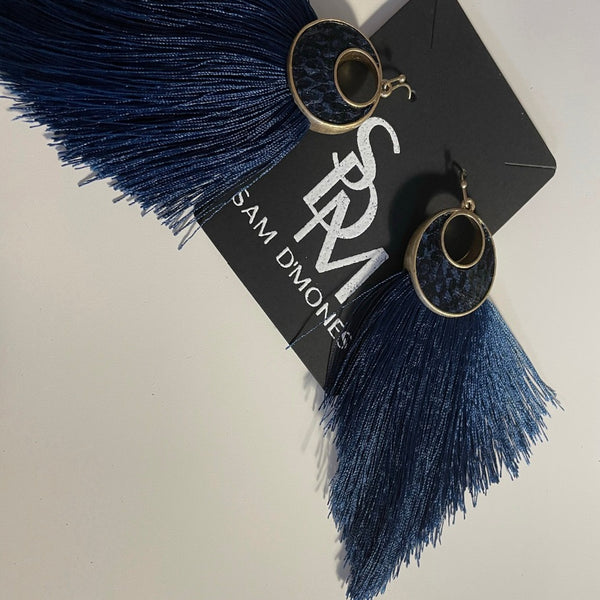 Navy blue tassel on sale earrings